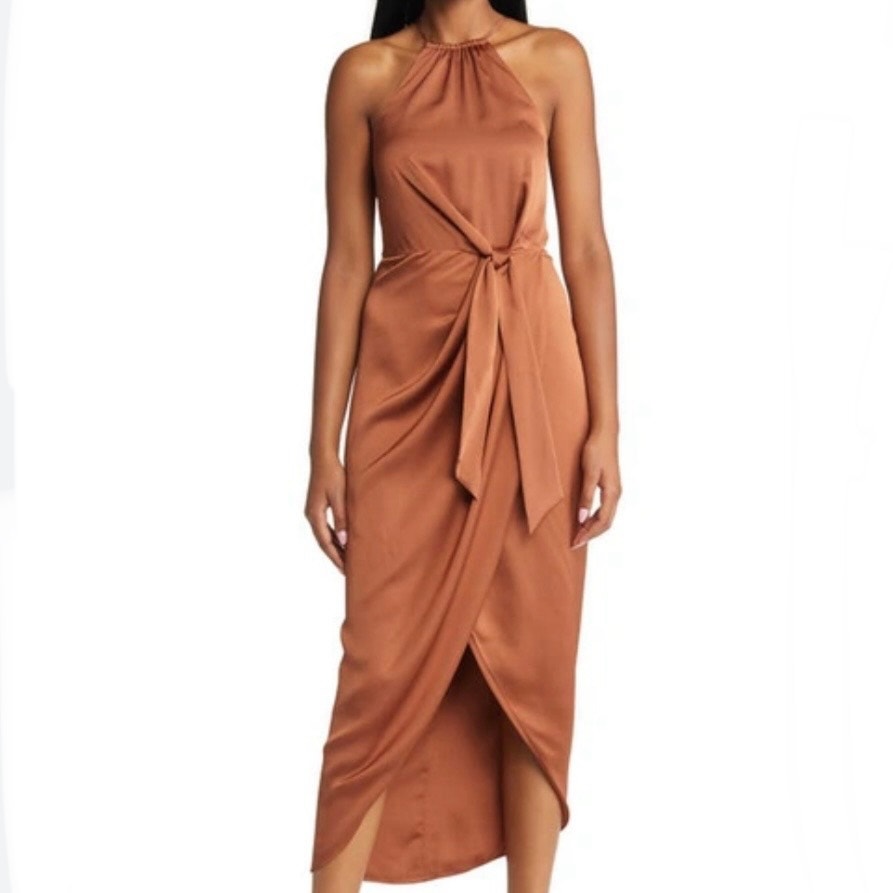 Shona Joy | Tie Front Satin Midi Dress Halter Mocha Terra Cotta Sleeveless | 8